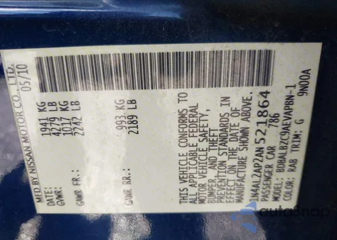 2010 Nissan Altima 2.5 S from USA, damaged, VIN 1N4AL2AP2AN521864